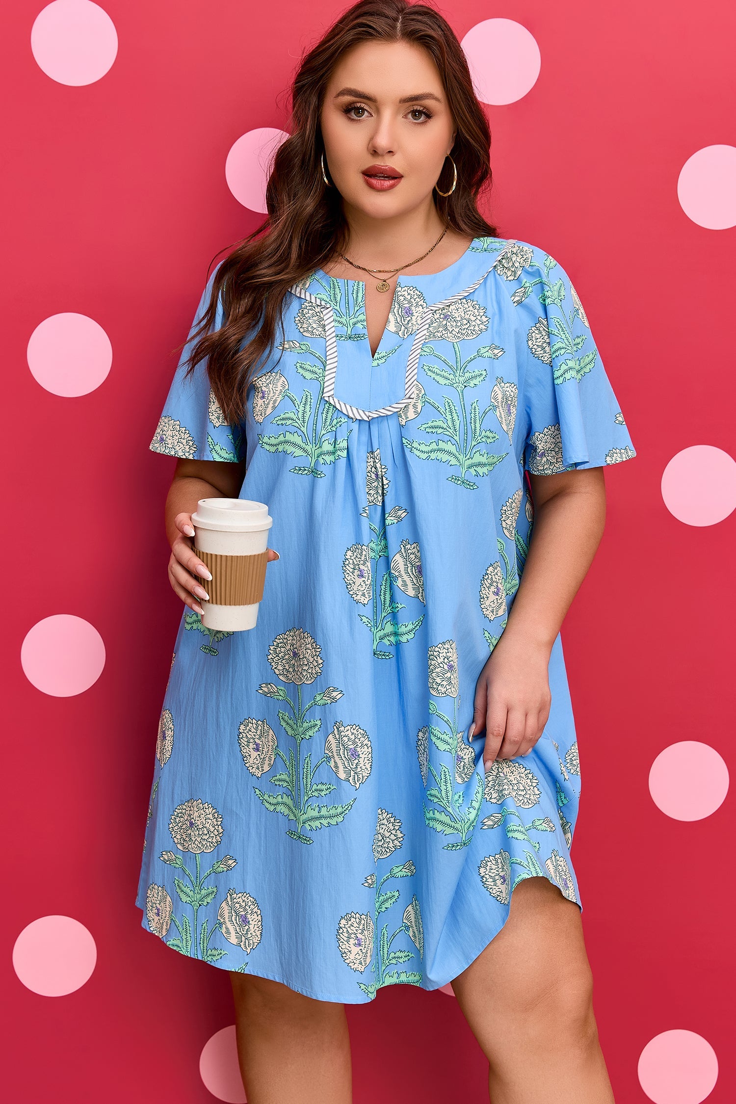 Plus Size Floral Mini Dress with Stripe Contrast Trim