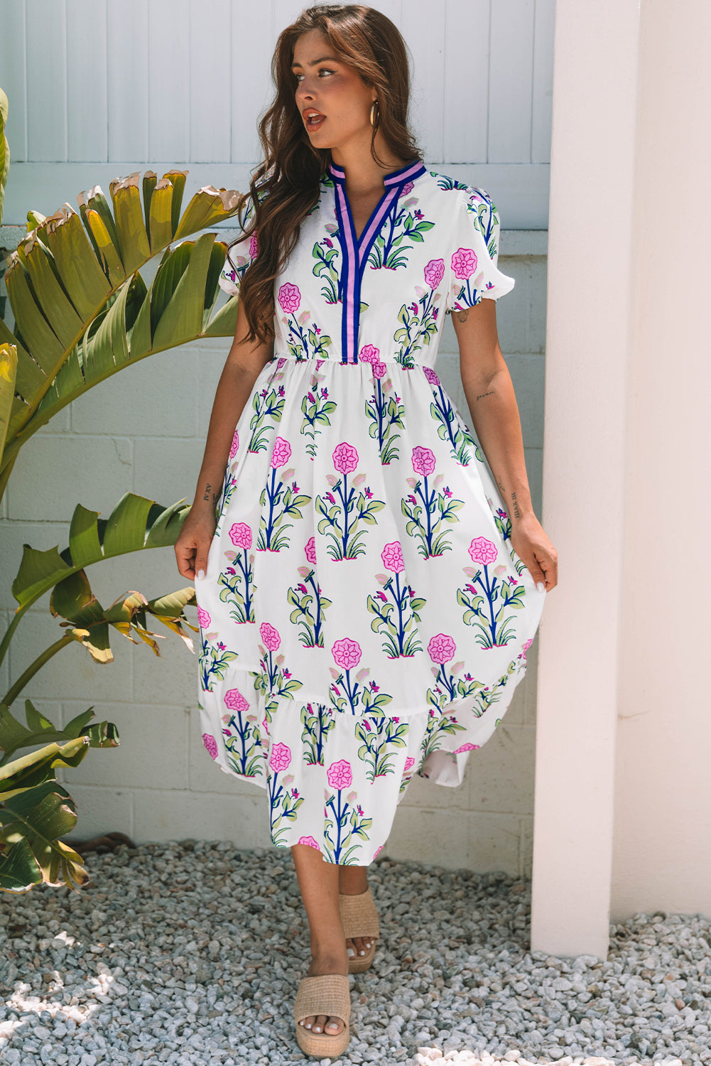 Julietta Floral Puff Short Sleeve V Neck High Waist Maxi Dress