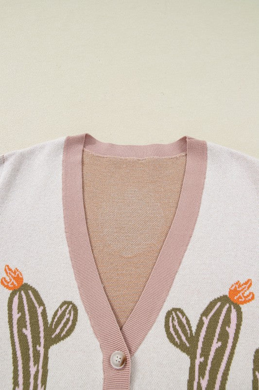 Plus Size Western Cactus Cardigan - Button Front Print Sweater