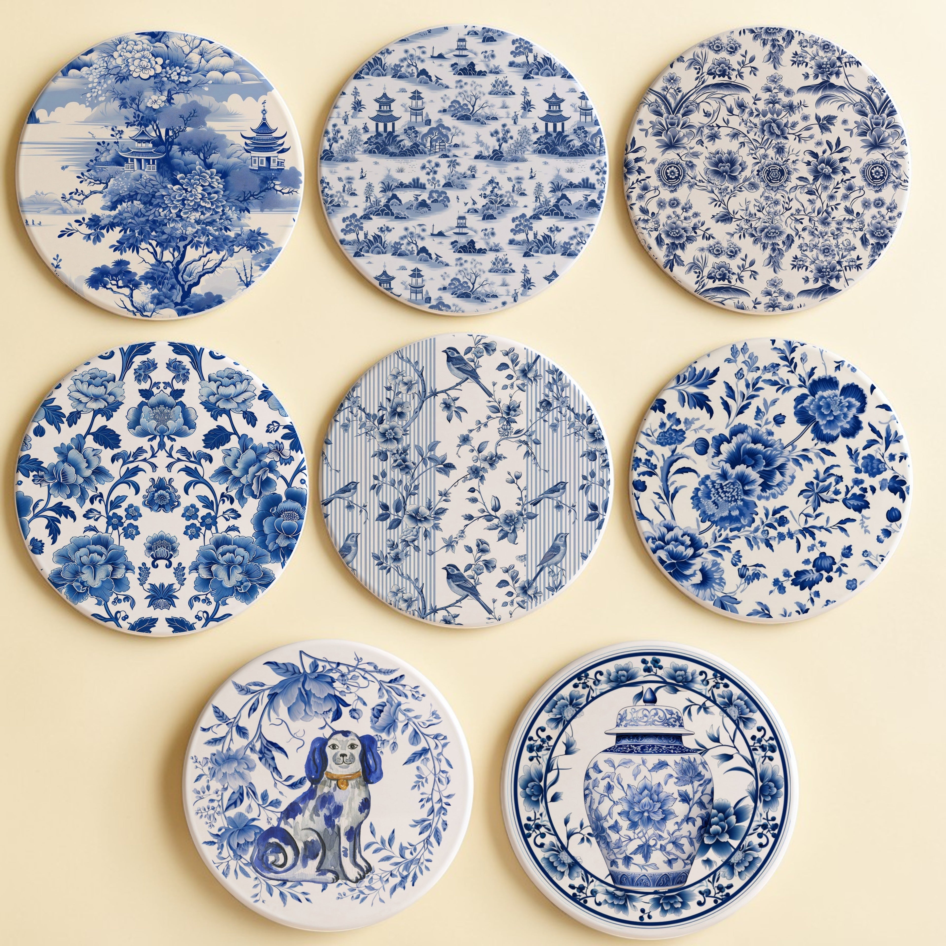 Chinoiserie Ceramic Coasters - Blue & White Designs