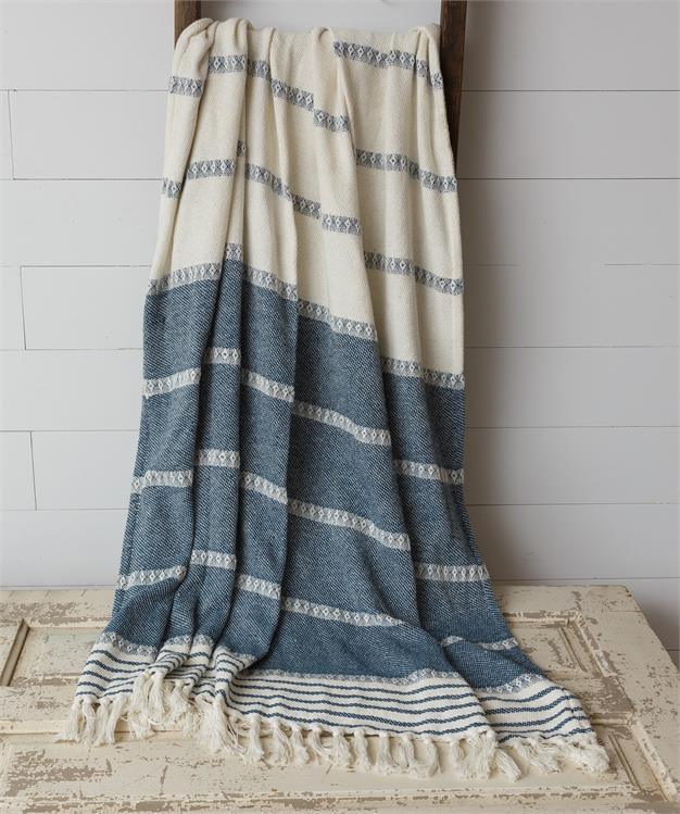 Waverly Woven Cotton Throw Blanket - Blue Cream Stripe
