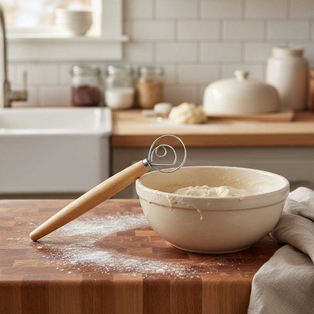 Danish Dough Whisk - Stainless Steel with Wood Handle 13"