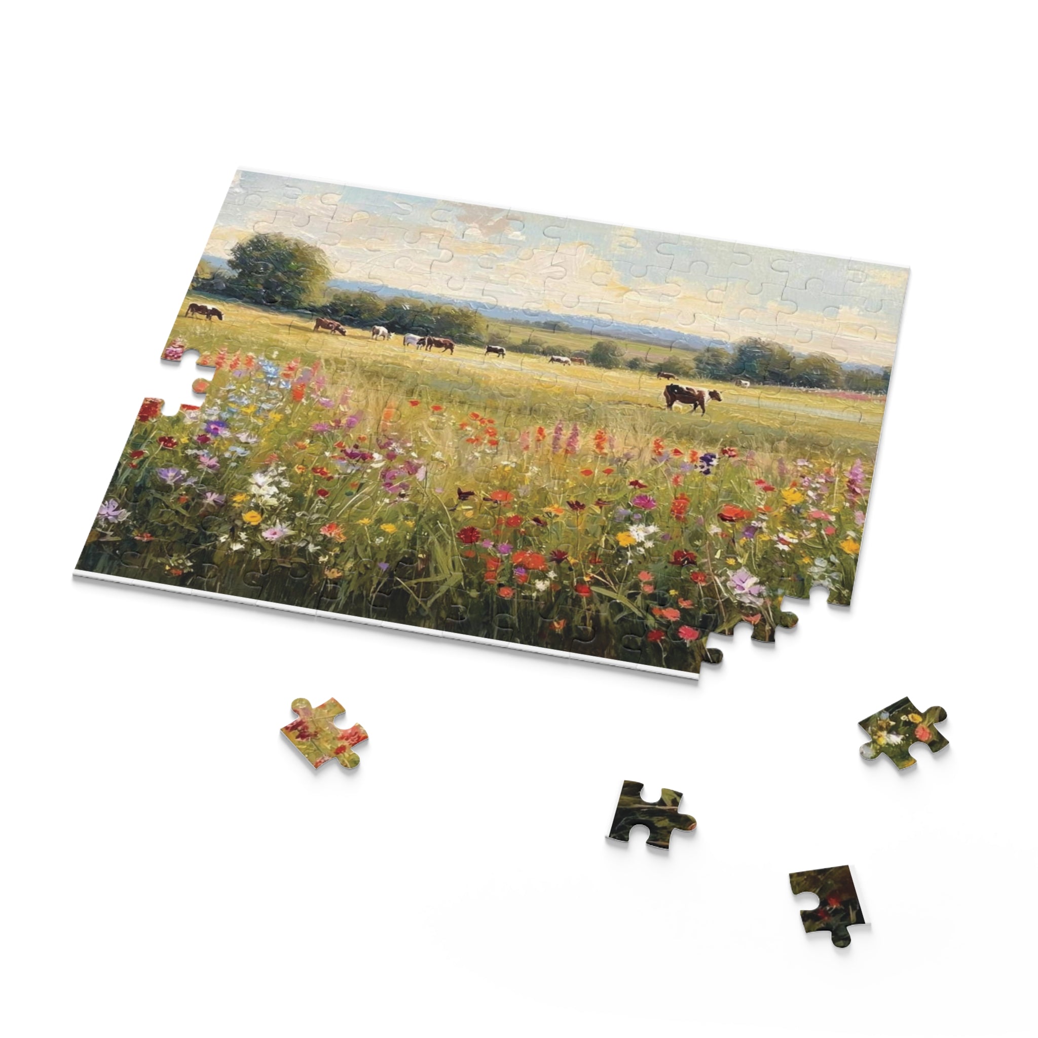Pasture Puzzle - Cows & Wildflowers Oil Painting | 120, 252, or 500 Pieces