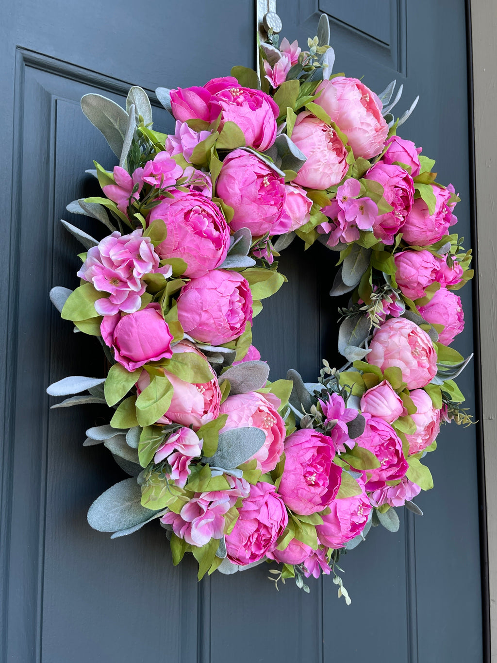 Spring + Summer Pink Peony & Lambs Ear Wreath