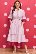 Plus Size Pinstripe Midi Dress with Ruffle Hem & Tie Belt