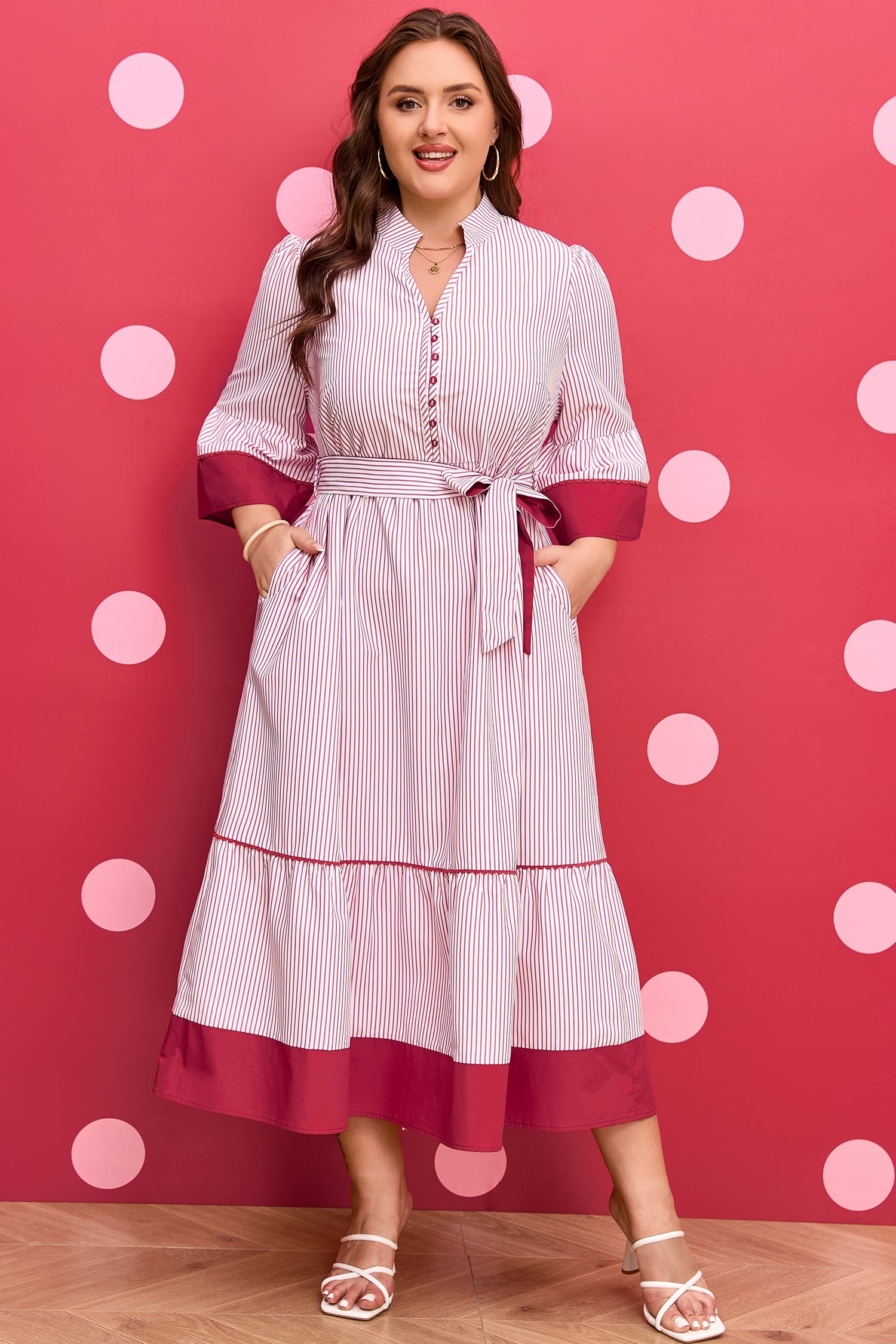Plus Size Pinstripe Midi Dress with Ruffle Hem & Tie Belt