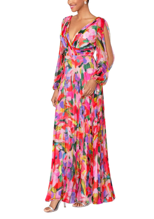 Betsy and Adam Amber Print Deep V-Neckline Long Sleeves Back Zipper Flowy Skirt Floor Length Dress
