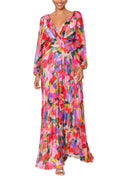 Betsy and Adam Amber Print Deep V-Neckline Long Sleeves Back Zipper Flowy Skirt Floor Length Dress