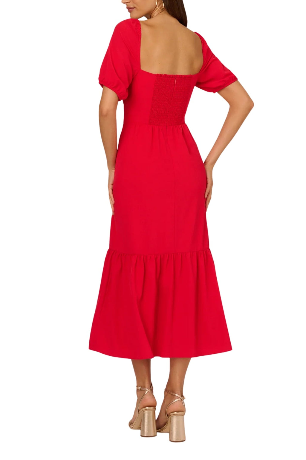 Adrianna Papell Solid Sweetheart Neckline Smocked Back Puff Short Sleeves Flounce Ruffle Hem A-Line Midi Dress