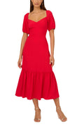 Adrianna Papell Solid Sweetheart Neckline Smocked Back Puff Short Sleeves Flounce Ruffle Hem A-Line Midi Dress