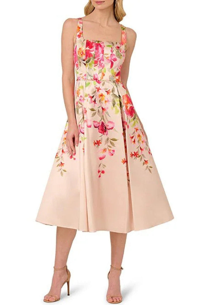 Adrianna Papell Floral Print Square Neckline Sleeveless Back Zipper Closure Seamed Bodice Midi Dress
