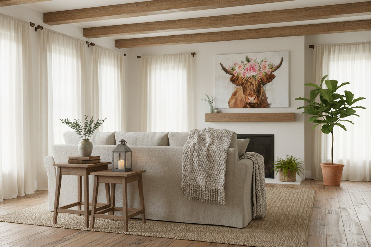 Highland Cow Floral Wreath Painting Canvas Wall Art