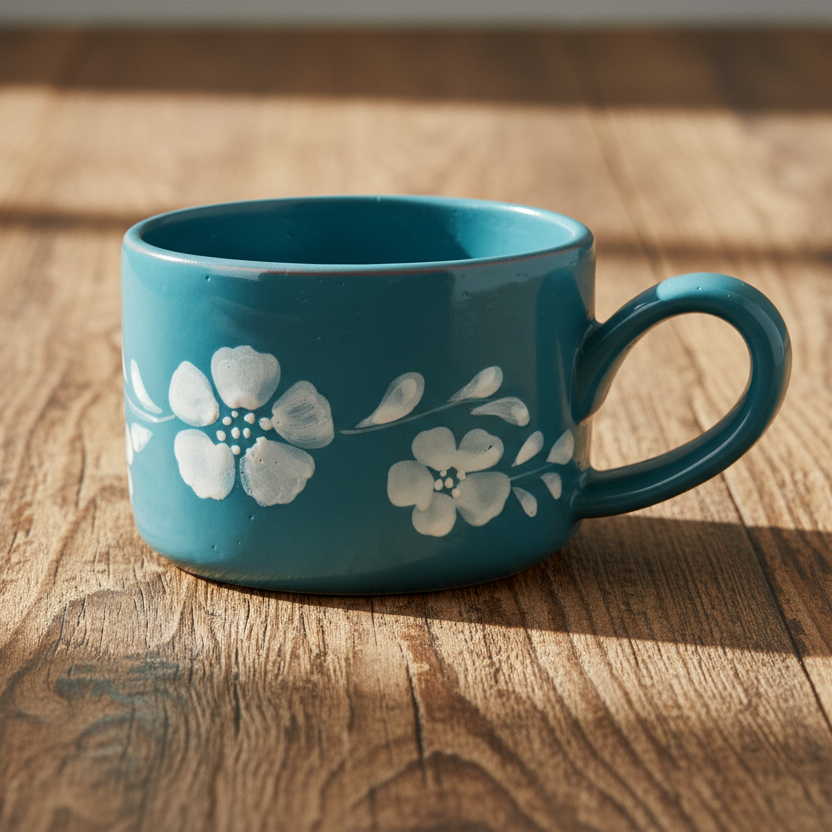 Ceramic Cappuccino Cup with Hand Painted White Flowers Vine - 6.7 oz