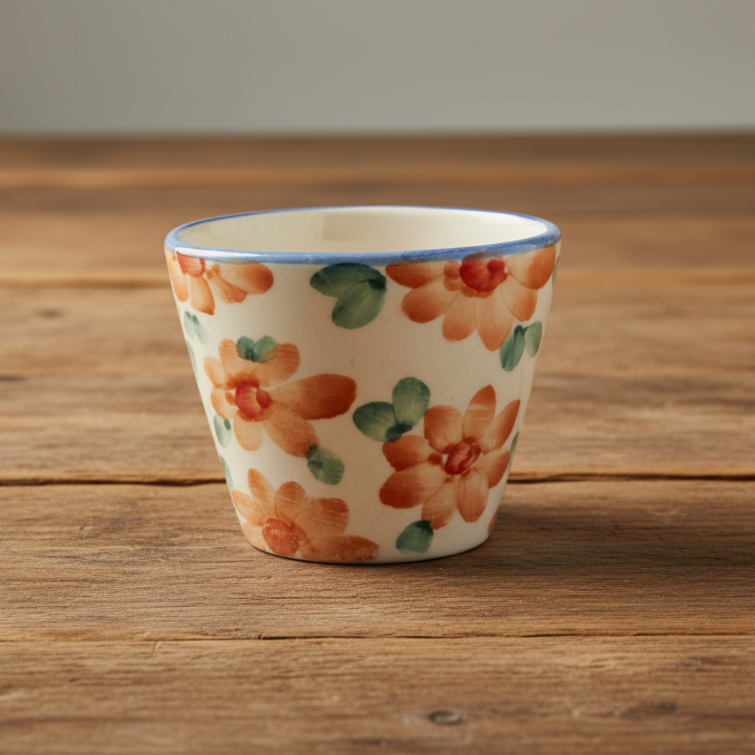 Ceramic Oval Espresso Cup with Hand Painted Orange Flowers - 2.4 oz