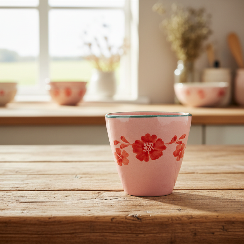 Ceramic Oval Cup with Hand Painted Orange Flower Vine - 10.1 oz