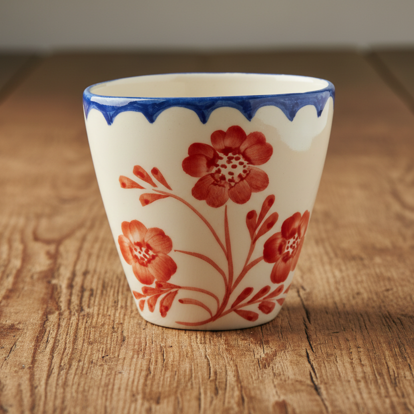 Ceramic Oval Cup with Hand Painted Vintage Flowers - 10.1 oz