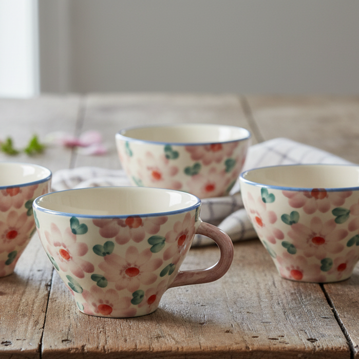 Ceramic Tea Cup with Hand Painted Flowers - Pink - 5.0 oz