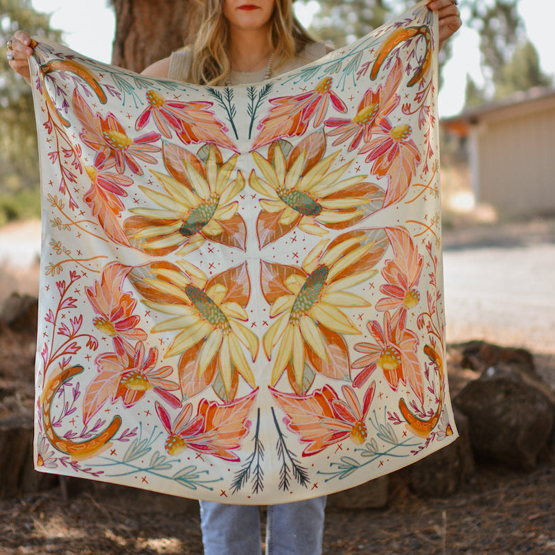 Lucky Wildflowers Large 100% Mulberry Silk Western Wild Rag Scarf
