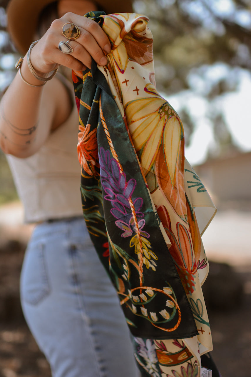 Lucky Wildflowers Large 100% Mulberry Silk Western Wild Rag Scarf