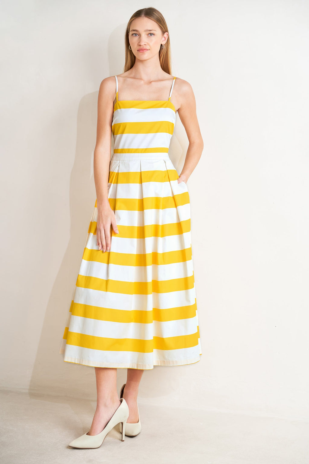 Honey Glow Woven Midi Dress - White Yellow Floral Cotton
