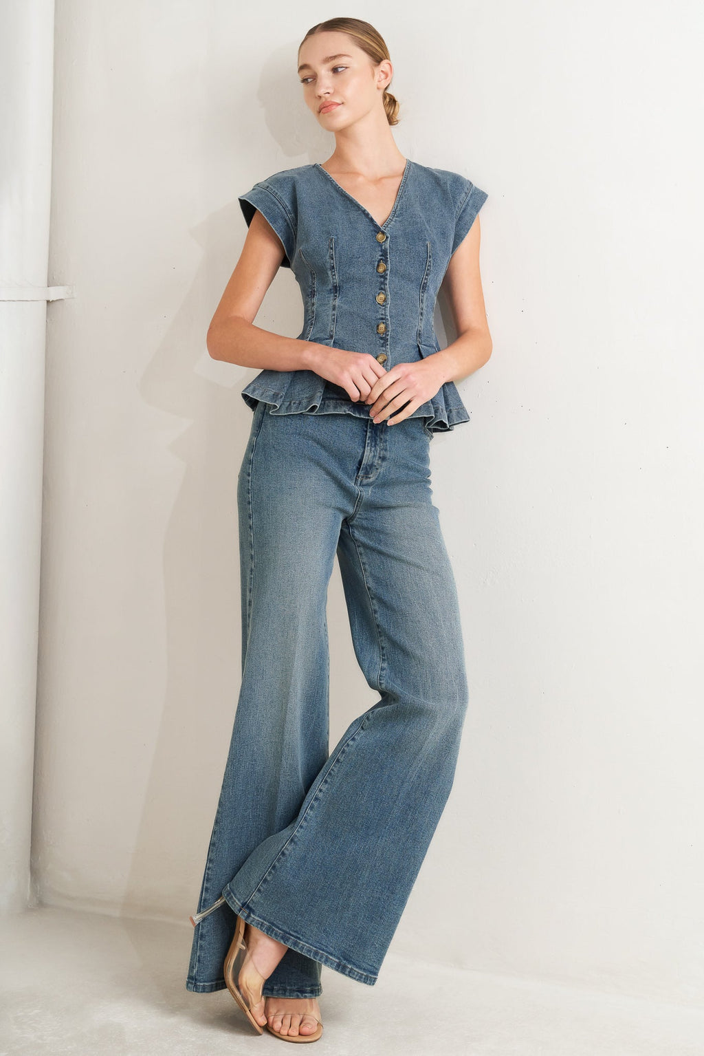 NO SECOND THOUGHT WASHED DENIM TOP