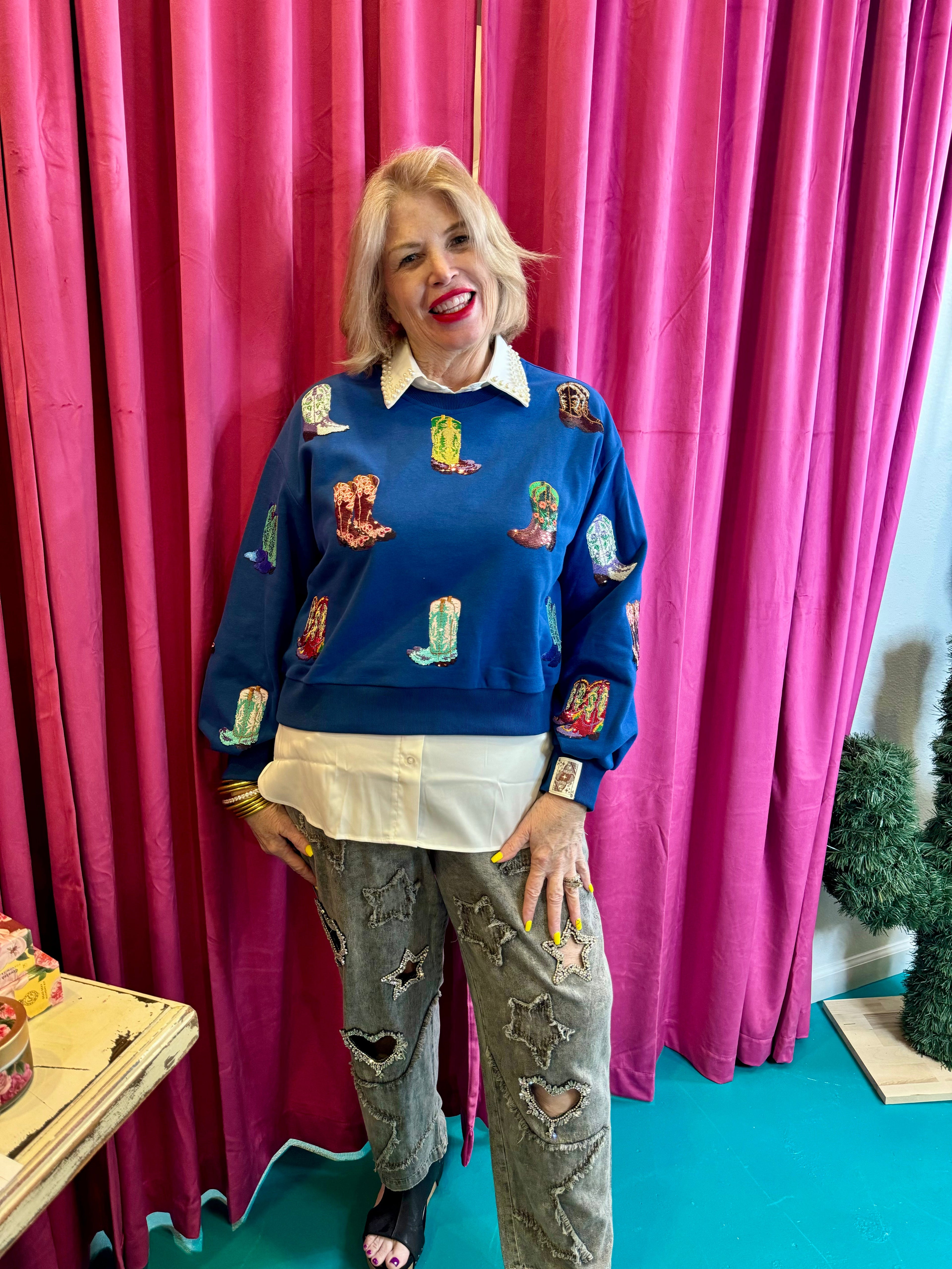 Queen of Sparkles Royal Blue Cowboy Boot Sweatshirt