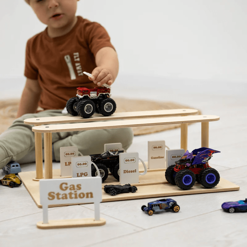 Handcrafted Wooden Gas Station & Car Wash Toy for Kids