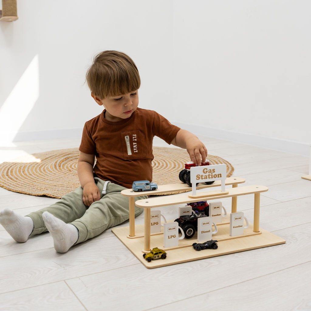 Handcrafted Wooden Gas Station & Car Wash Toy for Kids