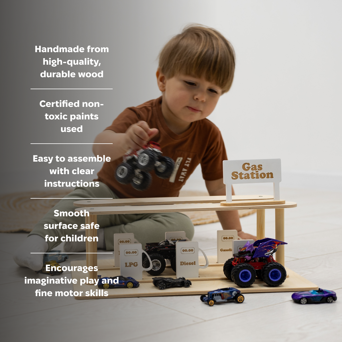 Handcrafted Wooden Gas Station & Car Wash Toy for Kids