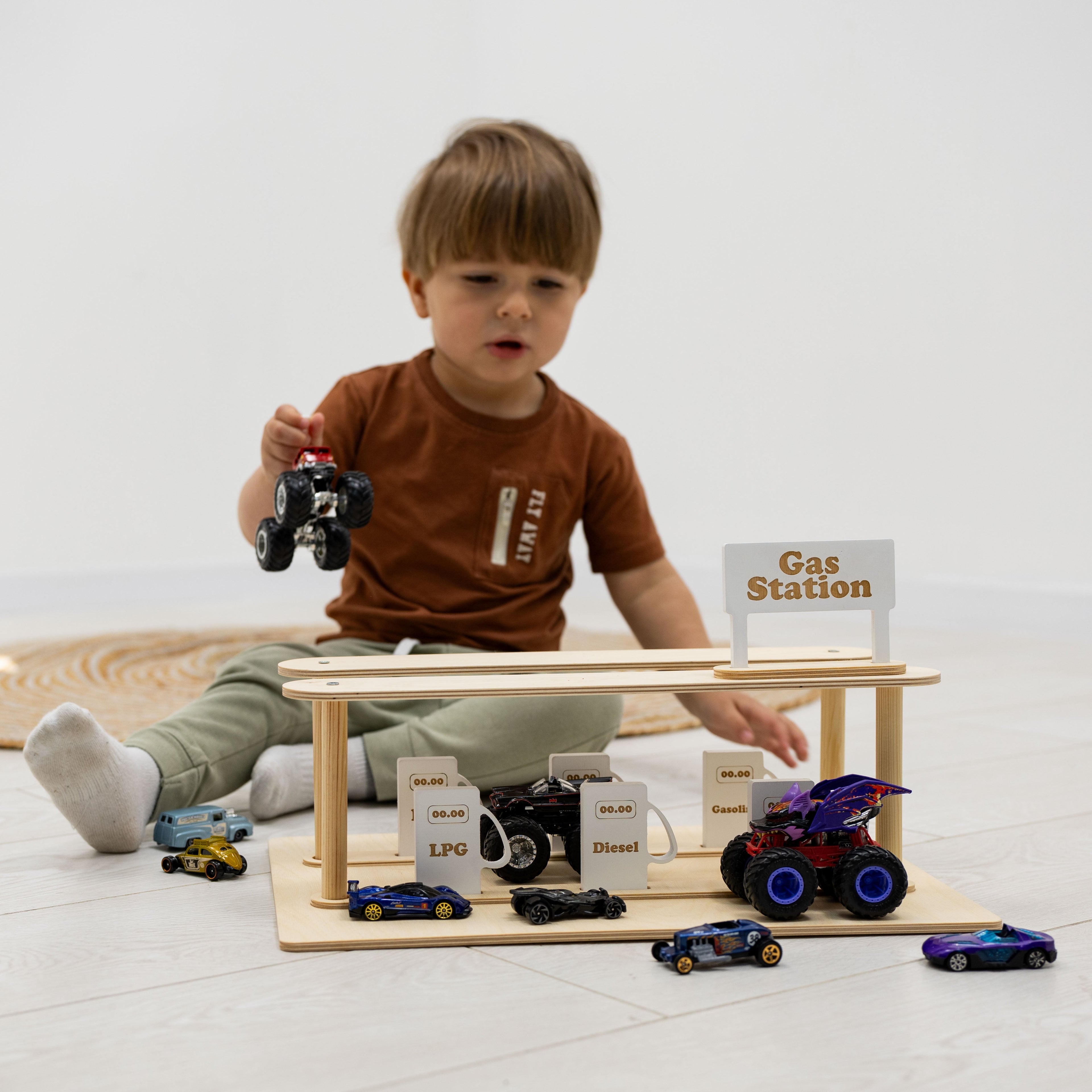 Handcrafted Wooden Gas Station & Car Wash Toy for Kids