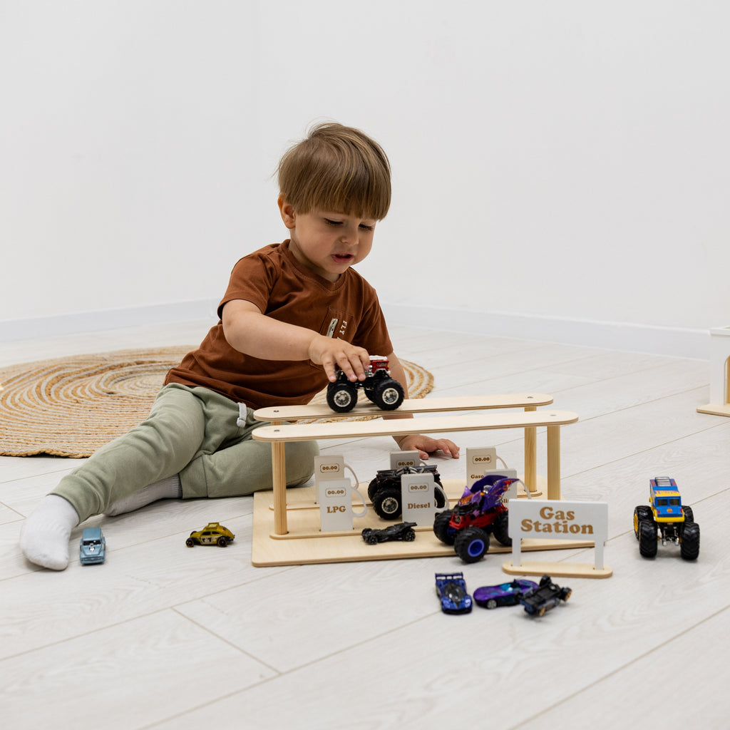 Handcrafted Wooden Gas Station & Car Wash Toy for Kids