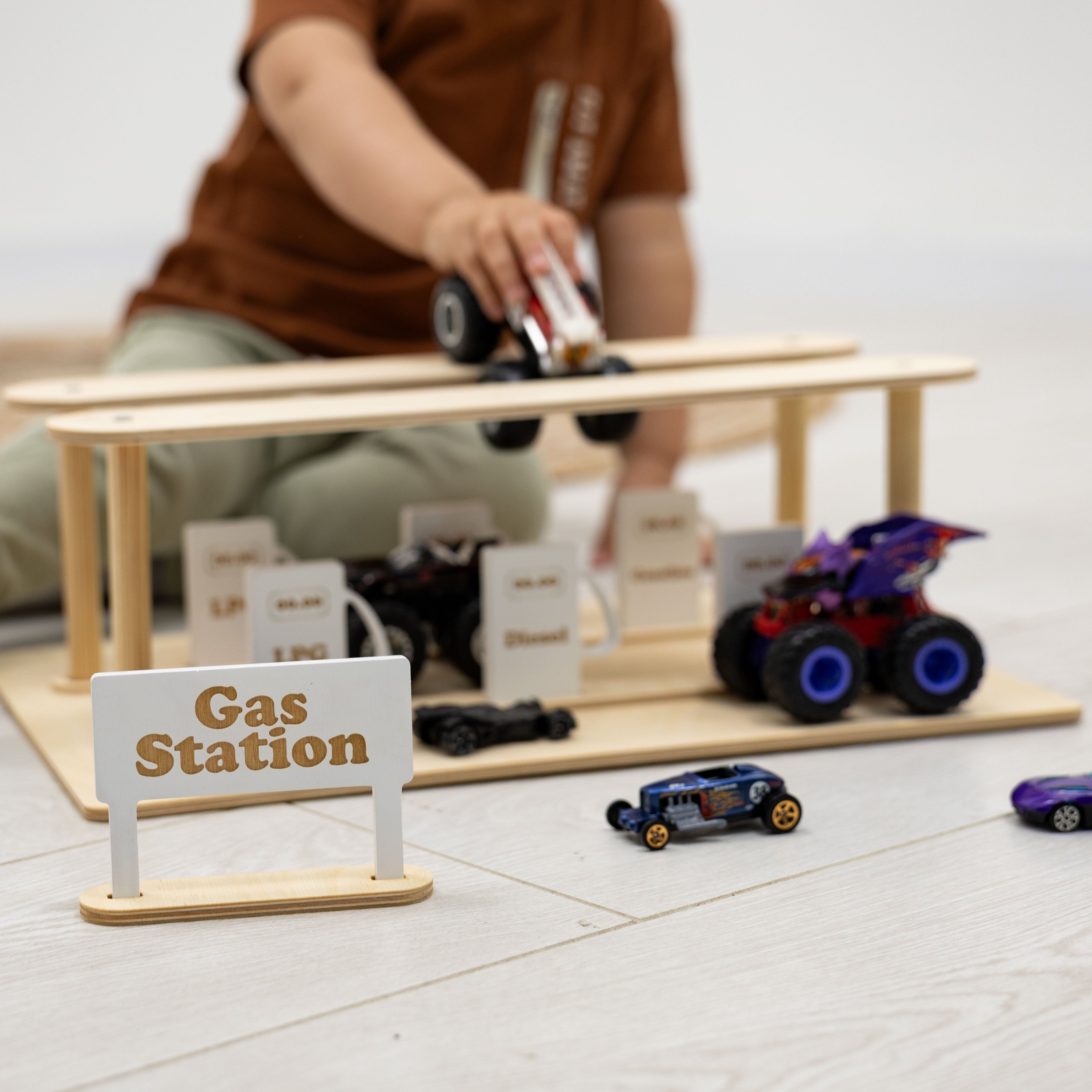 Handcrafted Wooden Gas Station & Car Wash Toy for Kids