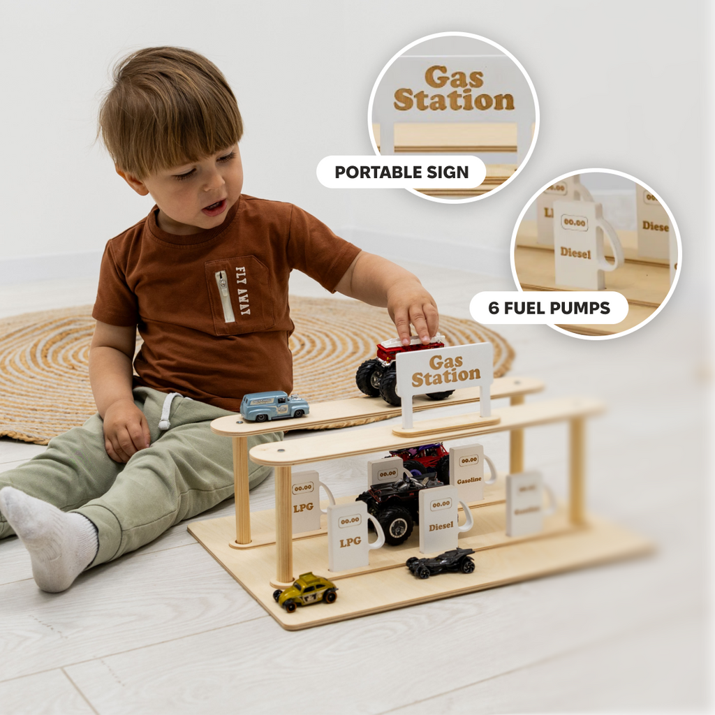 Handcrafted Wooden Gas Station & Car Wash Toy for Kids
