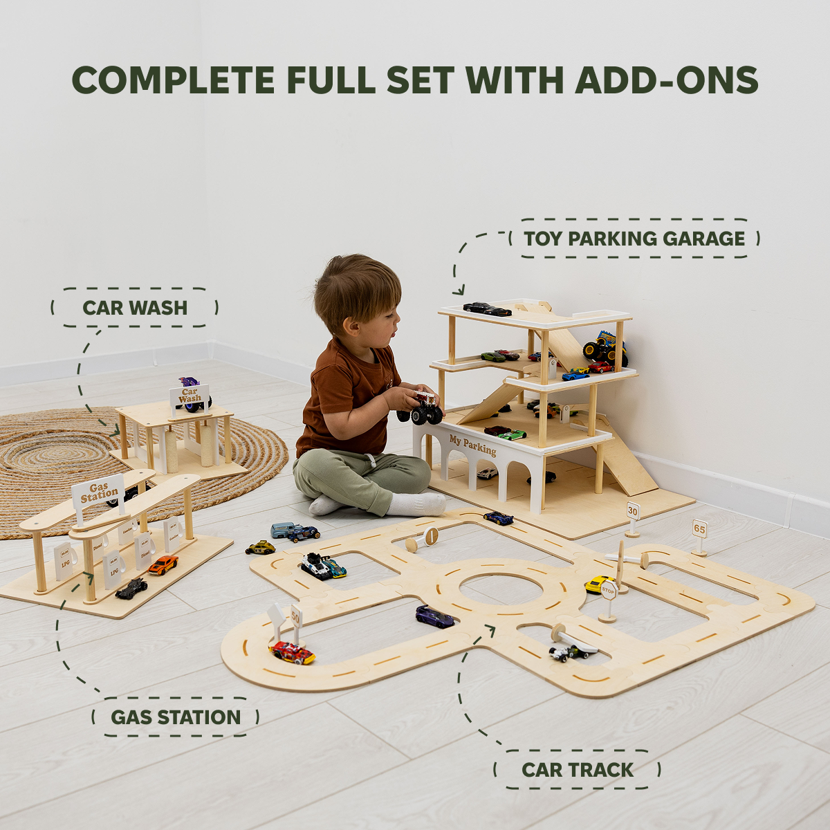 Handcrafted Wooden Gas Station & Car Wash Toy for Kids