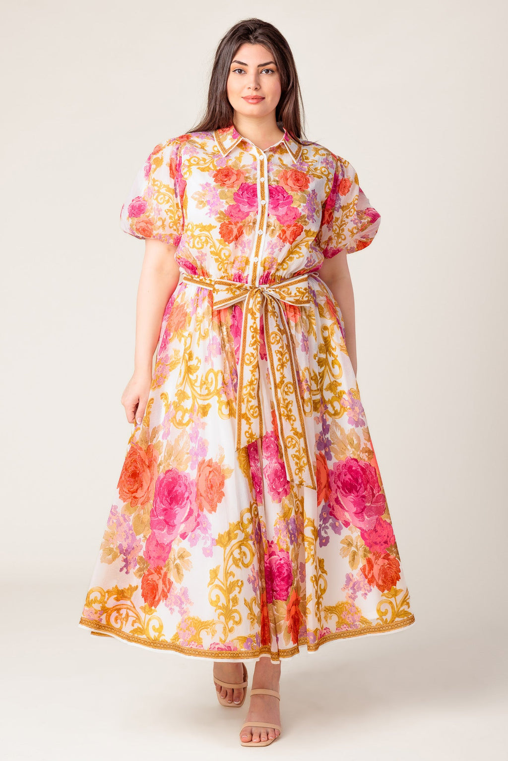 GARDEN TAPESTRY IVORY FLORAL WOVEN MIDI DRESS