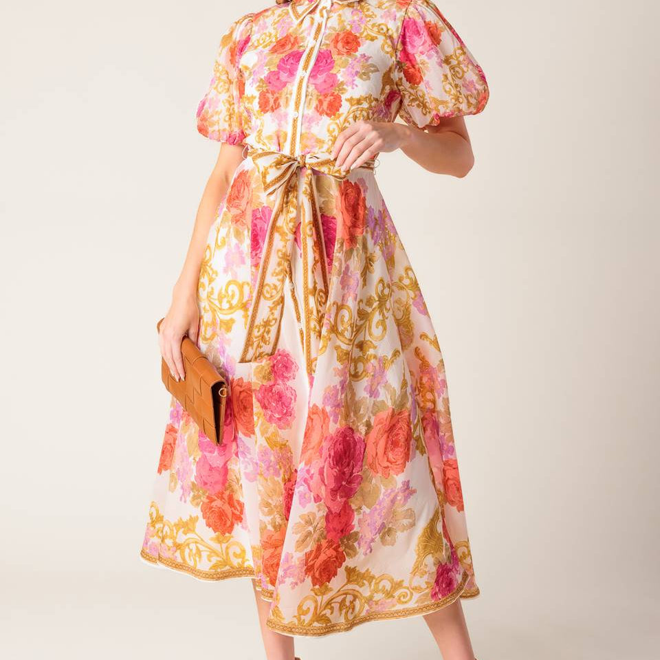 GARDEN TAPESTRY IVORY FLORAL WOVEN MIDI DRESS