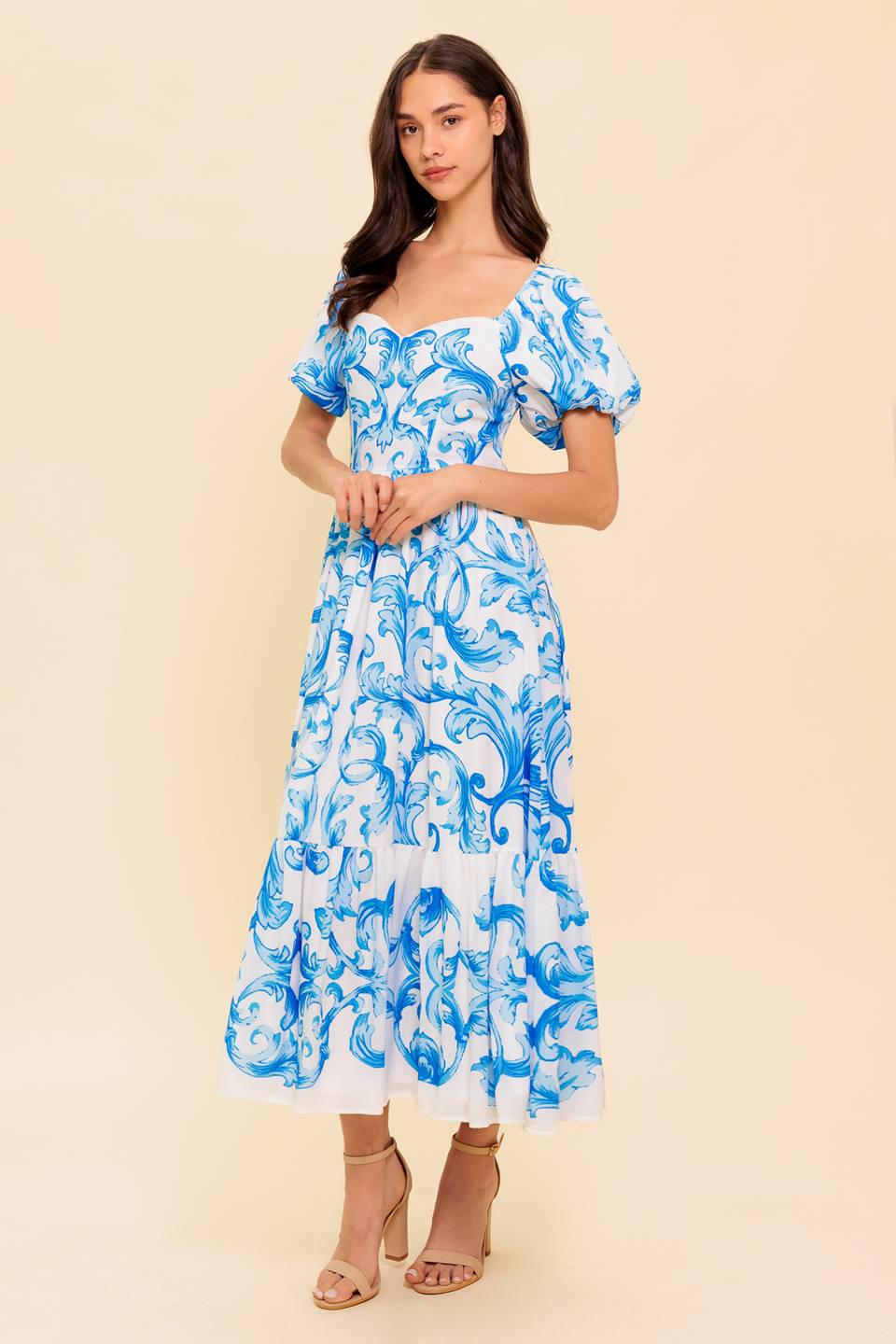 A Work of Art Woven Midi Dress - White Blue Floral