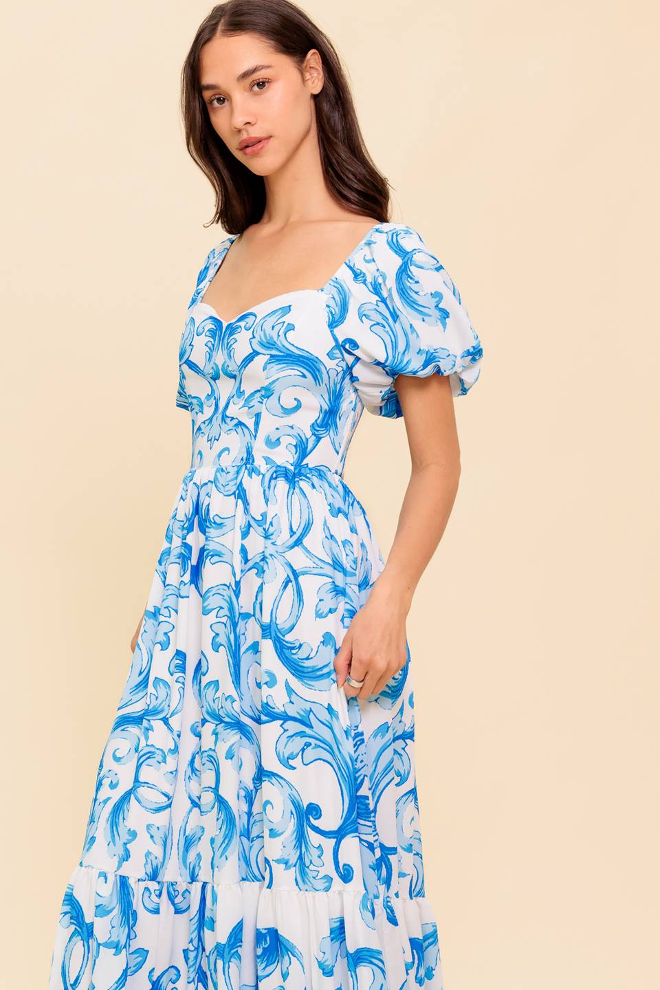 A Work of Art Woven Midi Dress - White Blue Floral