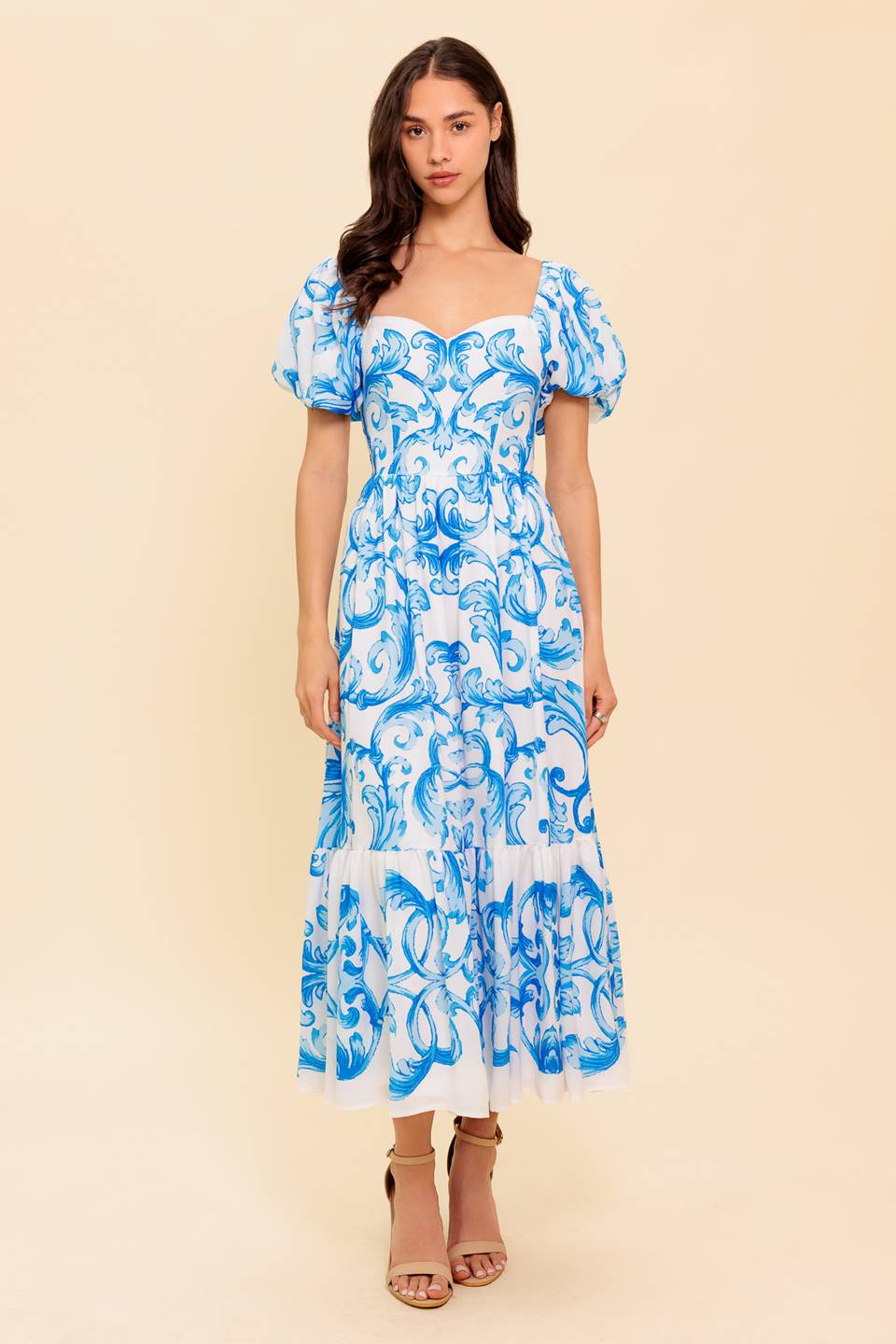A Work of Art Woven Midi Dress - White Blue Floral