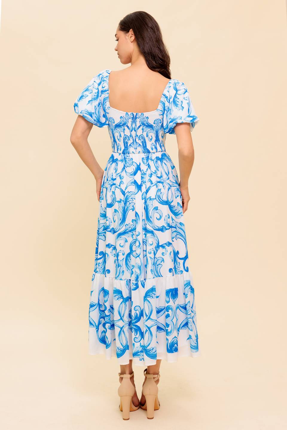 A Work of Art Woven Midi Dress - White Blue Floral