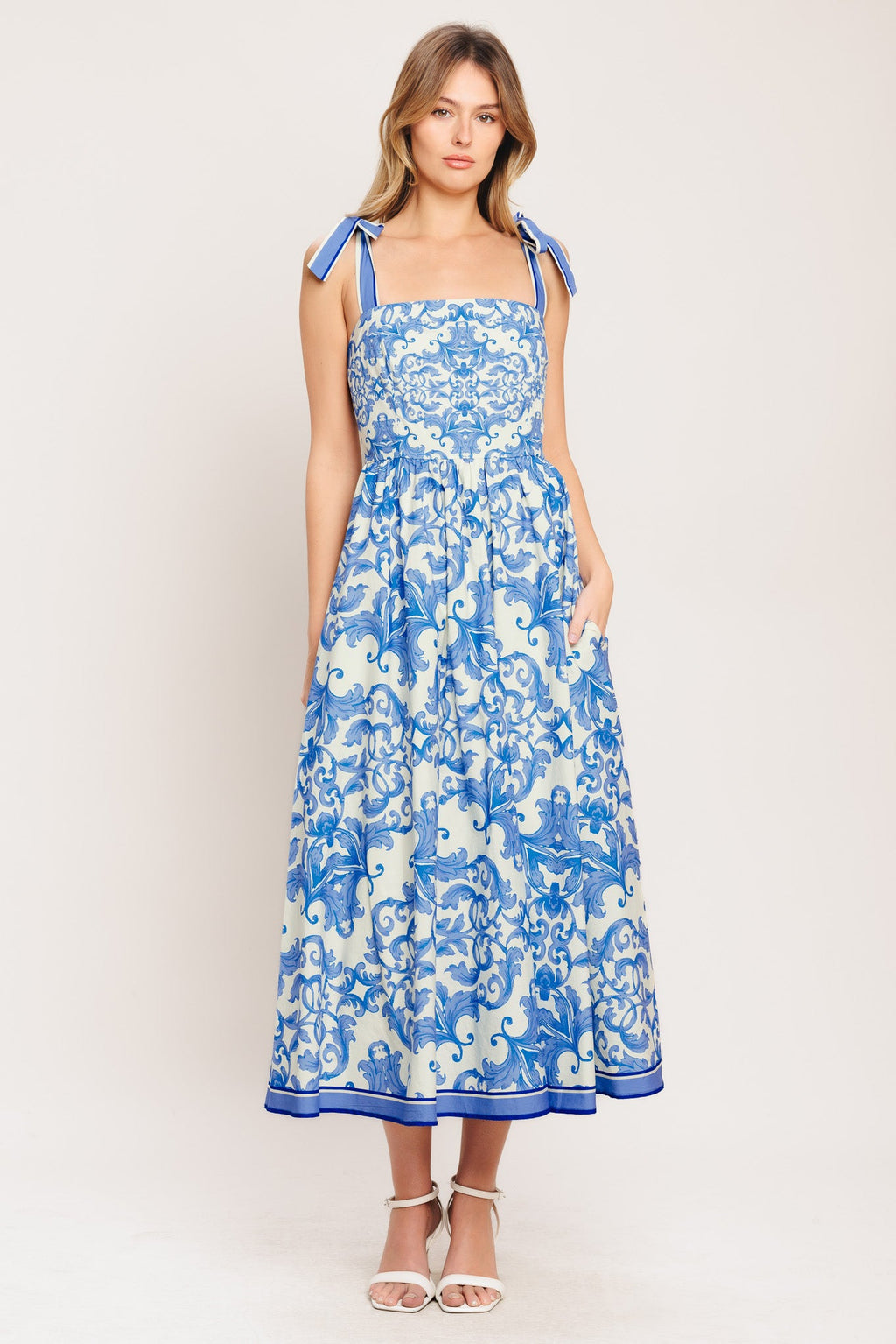 Azure Scroll Woven Midi Dress with Smocked Back
