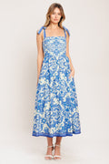 Azure Scroll Woven Midi Dress with Smocked Back