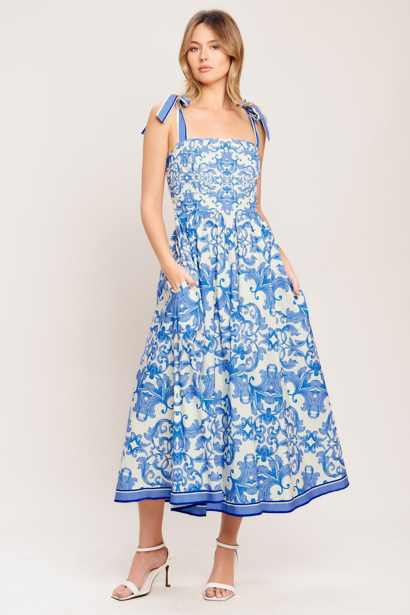 Azure Scroll Woven Midi Dress with Smocked Back