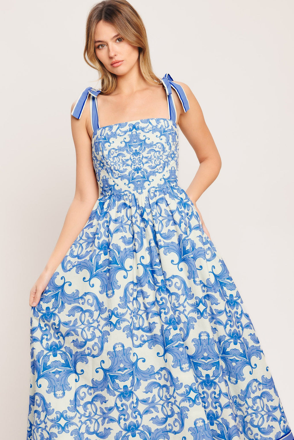 Azure Scroll Woven Midi Dress with Smocked Back