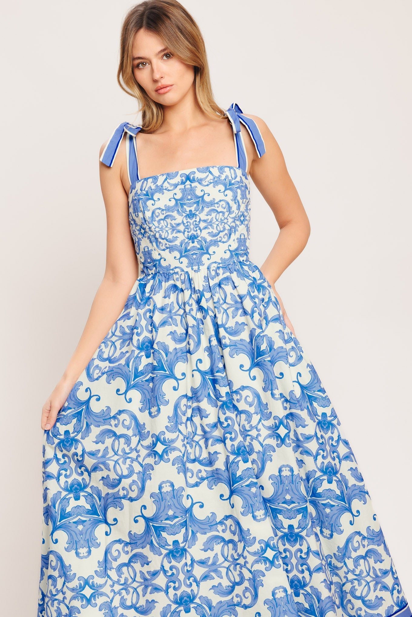 Azure Scroll Woven Midi Dress with Smocked Back