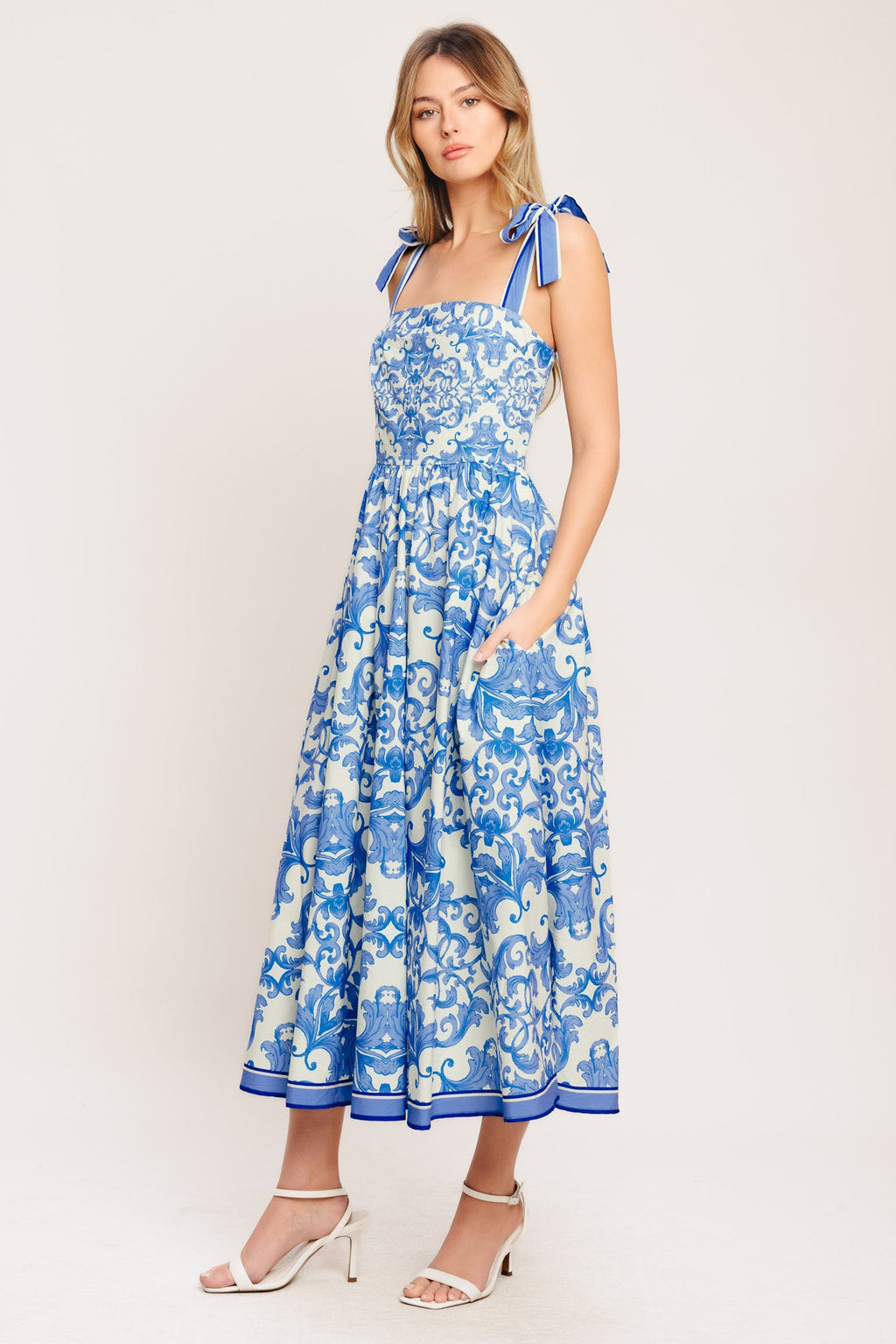 Azure Scroll Woven Midi Dress with Smocked Back