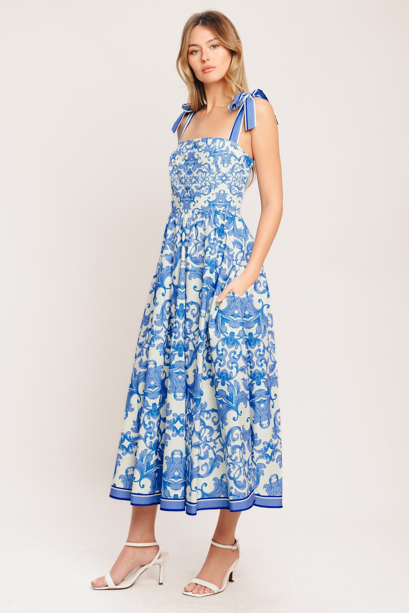Azure Scroll Woven Midi Dress with Smocked Back