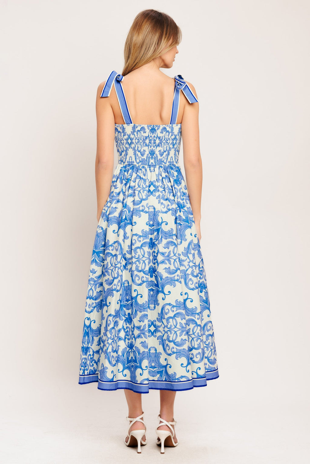 Azure Scroll Woven Midi Dress with Smocked Back