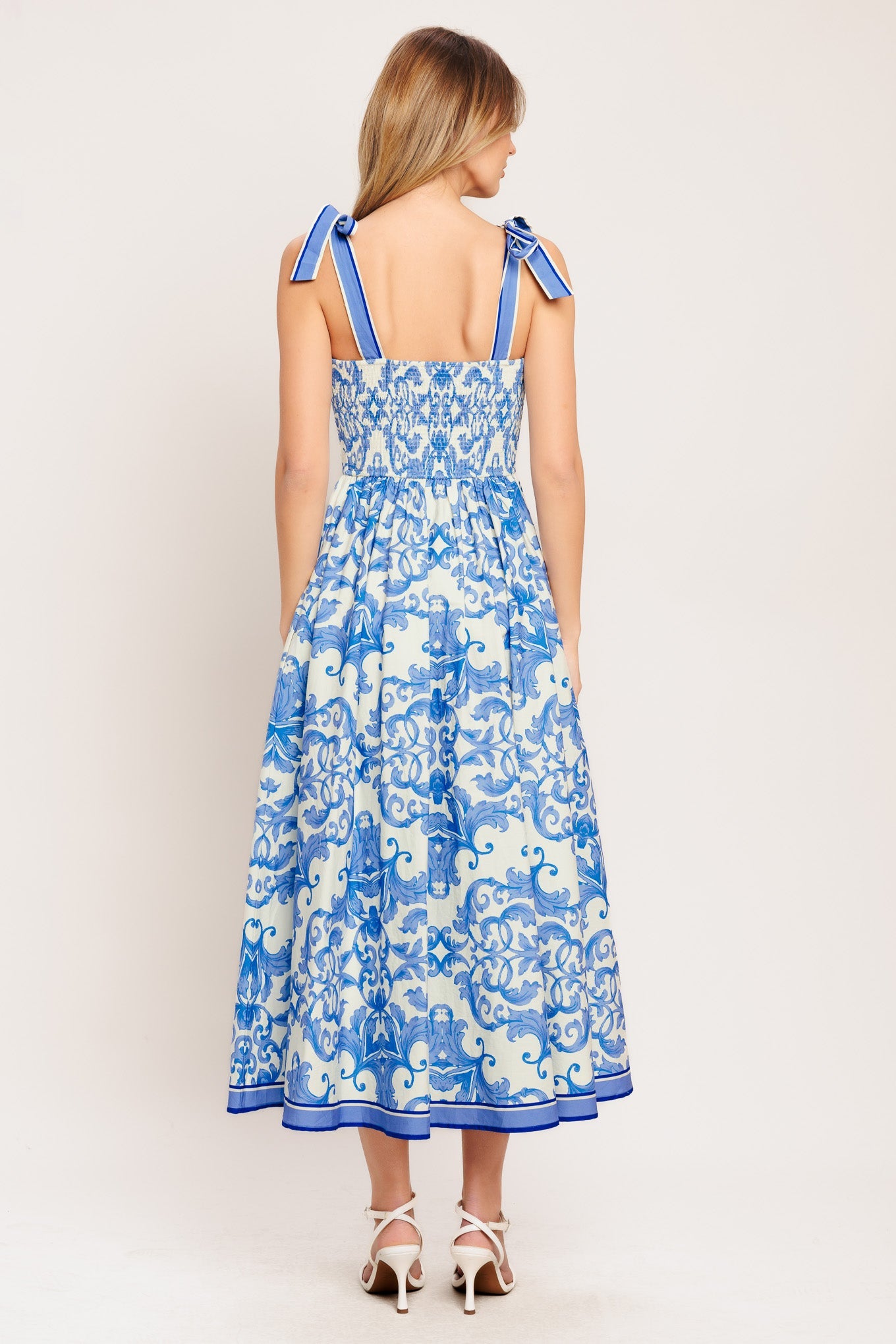 Azure Scroll Woven Midi Dress with Smocked Back