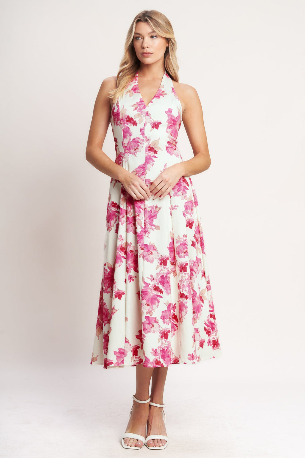 Rosy Afternoon Woven Midi Dress - Ivory Fuchsia Floral